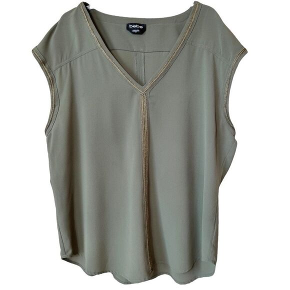Bebe Olive Green Beaded Trim Sleeveless Blouse - Picture 1 of 13